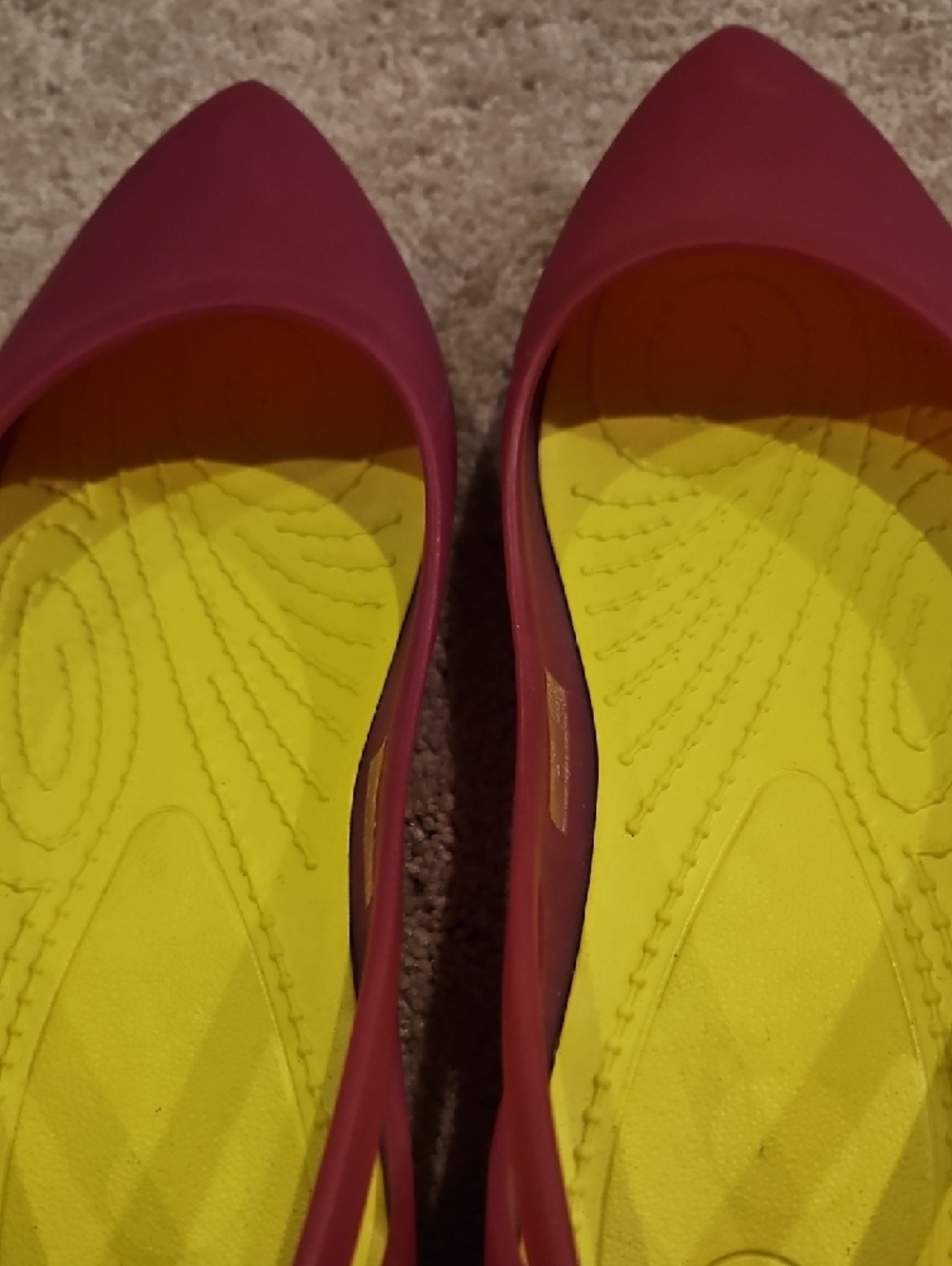 CROCS Women's Dark Pink Pointed-Toe Flats with Yellow Insole - Picture 9 of 10